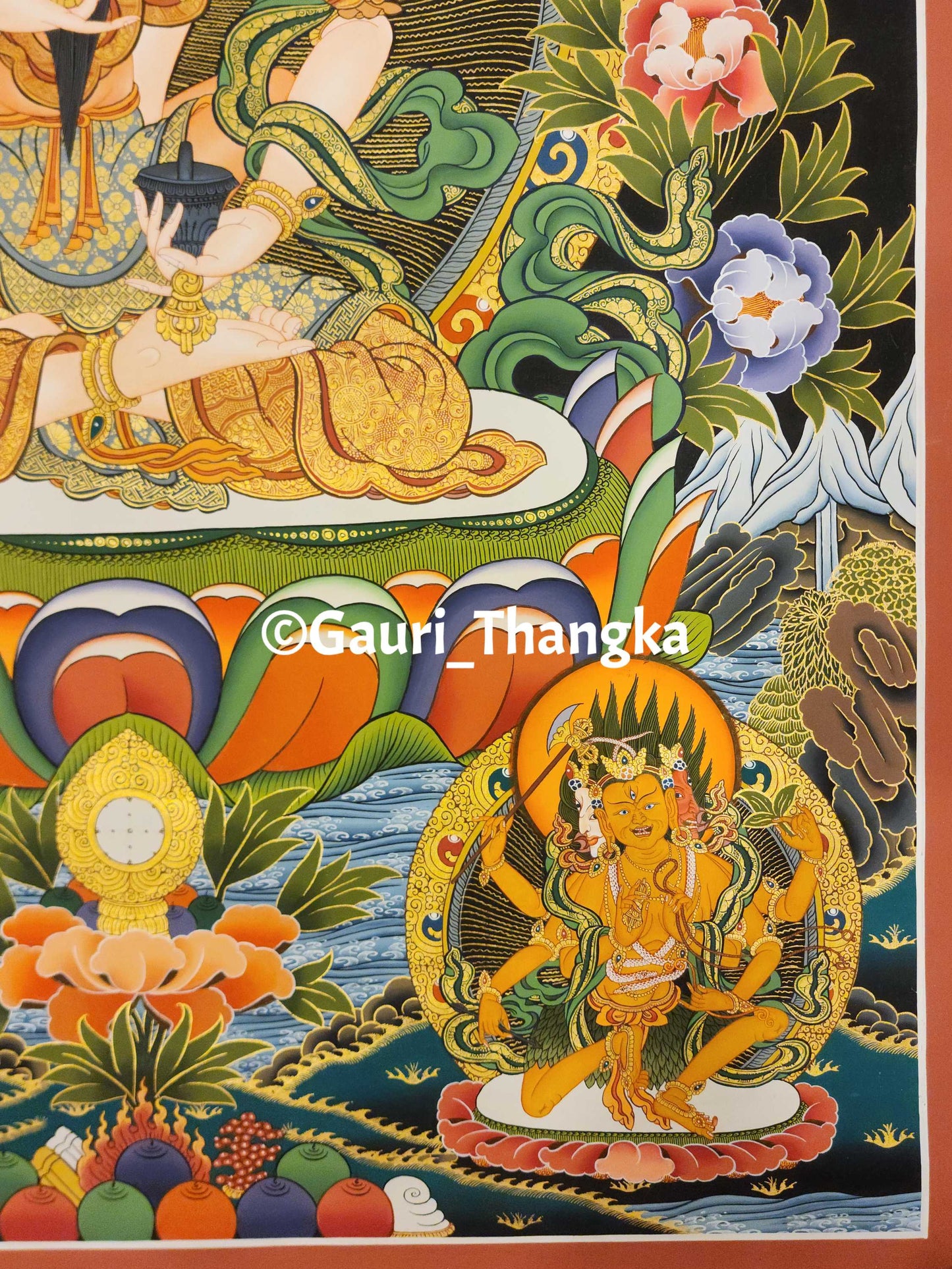Colorful Thangka painting with intricate designs and floral elements, featuring the brand 'Gauri Thangka'.