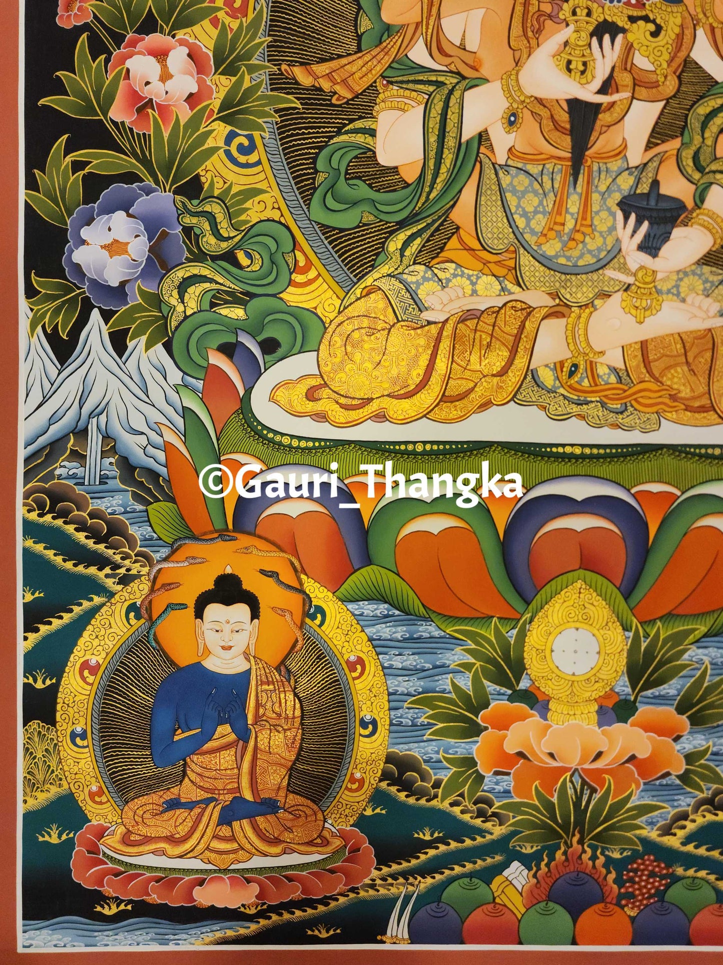 Colorful Thangka painting with a central figure, surrounded by nature elements and intricate patterns.