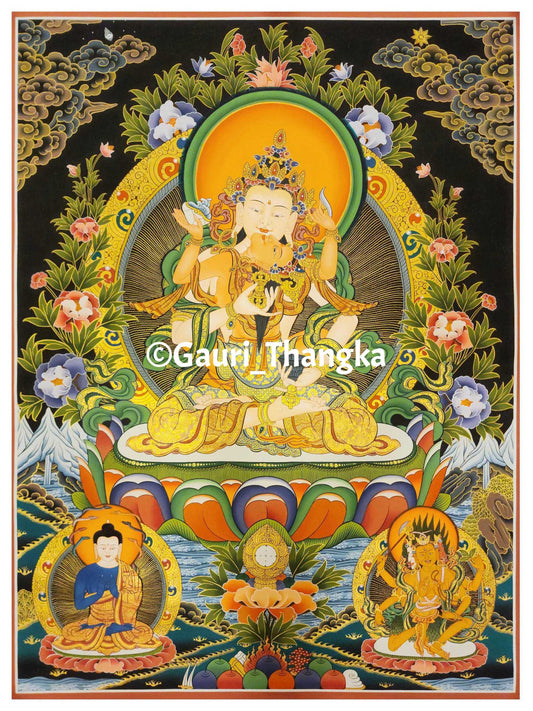 Colorful Thangka painting with deities and floral elements, featuring the brand 'Gauri Thangka'.