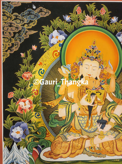 Colorful thangka of a deity with intricate details and floral elements.