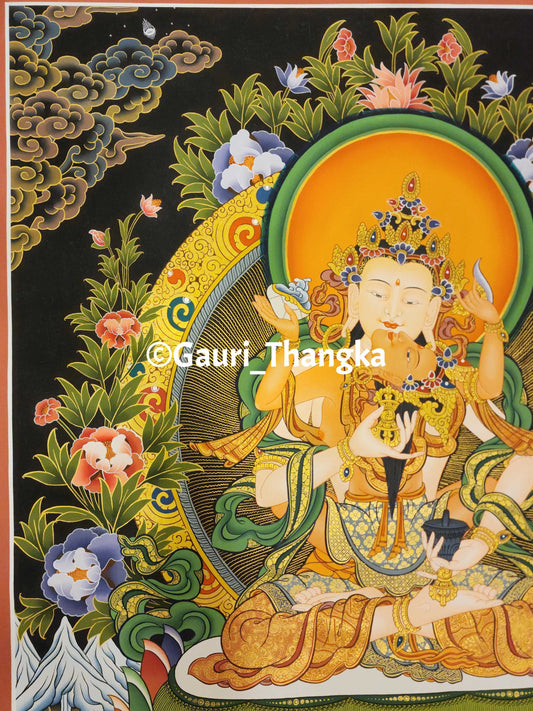 Colorful thangka of a deity with intricate details and floral elements.