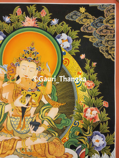 Colorful thangka of a deity with intricate details and floral elements.