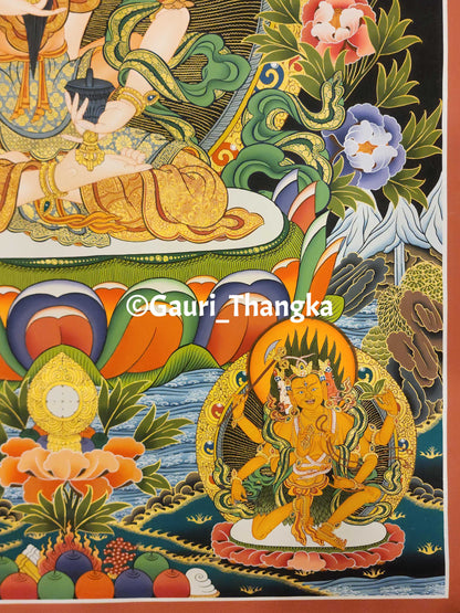 Colorful Thangka painting with intricate designs and floral elements, featuring the brand 'Gauri Thangka'.